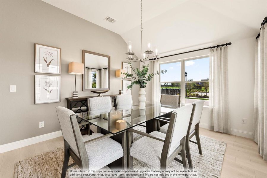 Dining room with glass-top table, six chairs, chandelier, and large window with natural light