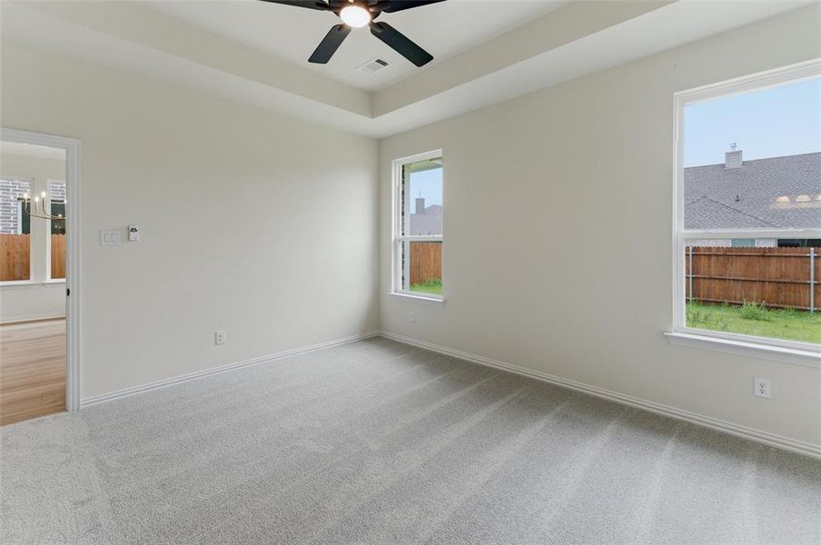 Carpeted room featuring a tray ceiling, ceiling fan with light fixture, and two large windows with white trim