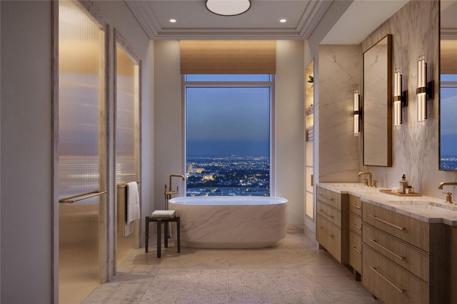 The primary suite features a beautifully appointed primary bathroom with dual sinks and a linen closet. The spa-inspired bath includes a rainfall shower with a body wand and bench, along with a soaking marble tub, creating a serene retreat.