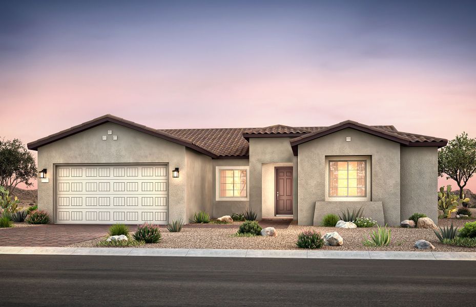 Front exterior of a new home in Sun City Anthem at Merrill Ranch, Florence, AZ, highlighting curb appeal (Image 1). Front exterior of a new home in Sun City Anthem at Merrill Ranch, Florence, AZ, highlighting curb appeal (Image 1).