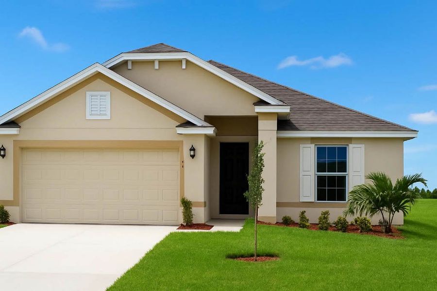 Front exterior of a new home in St. John Preserve, Palm Bay, FL, highlighting curb appeal (Image 1).