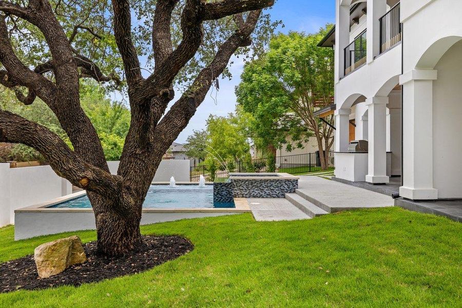 Manicured lawn with a mature tree, bordered by a white wall and a stone-tiled spa with water features