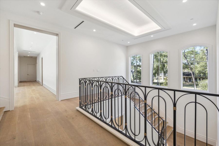 Primary stairwell with cove plaster ceiling and custom iron railing.
