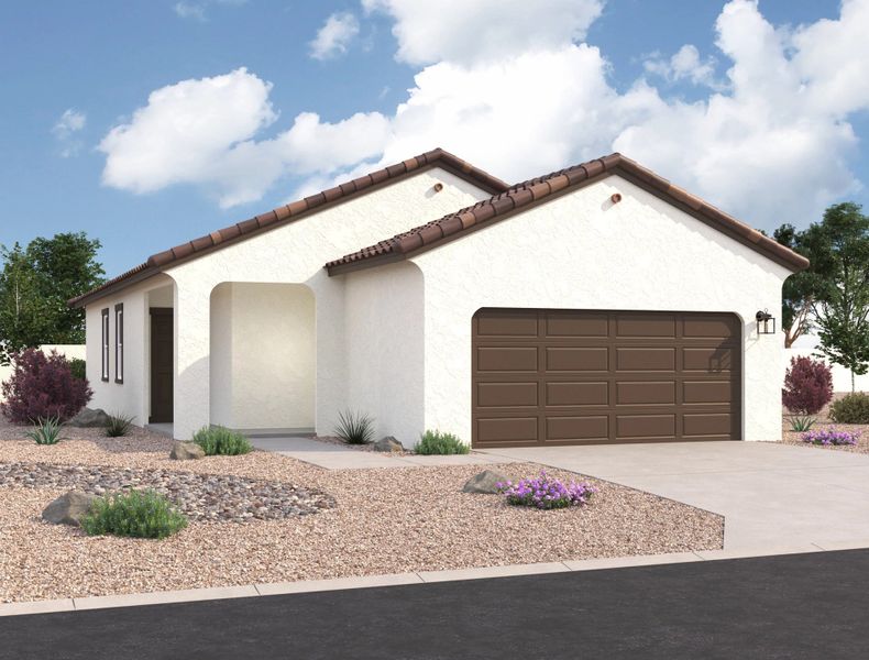 Front exterior of a new home in Magma Ranch Vistas, Florence, AZ, highlighting curb appeal (Image 1). Front exterior of a new home in Magma Ranch Vistas, Florence, AZ, highlighting curb appeal (Image 1).