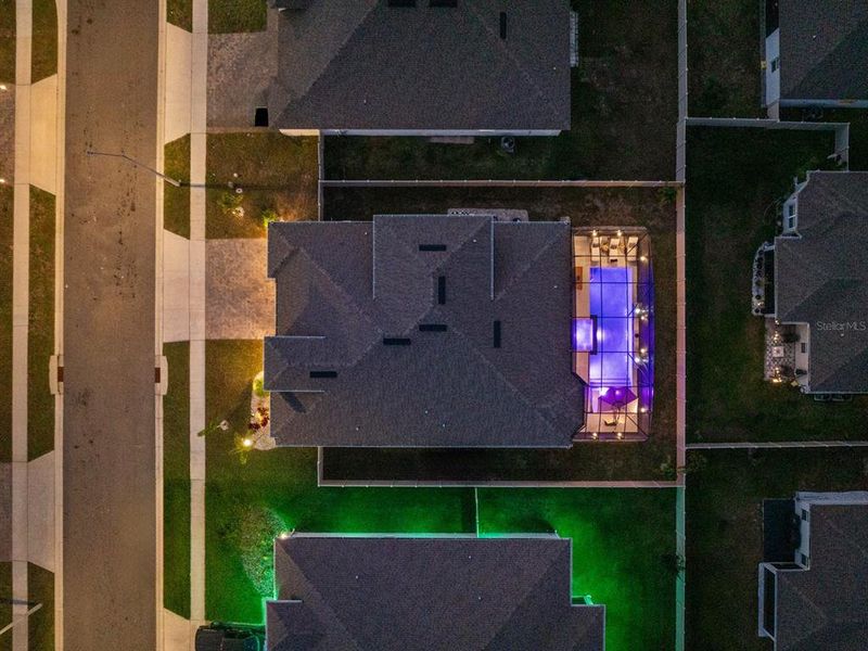 Aerial of pool at dusk