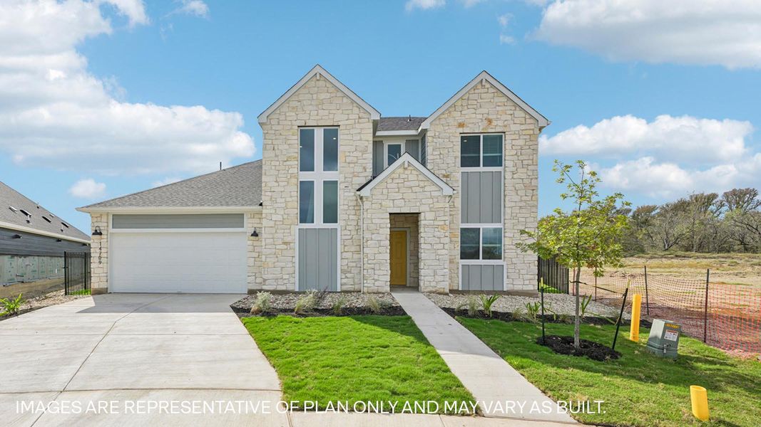 Representative exterior photo of a completed home built from the The Kemah by D.R. Horton in Revelry, Del Valle, TX (Image 2).