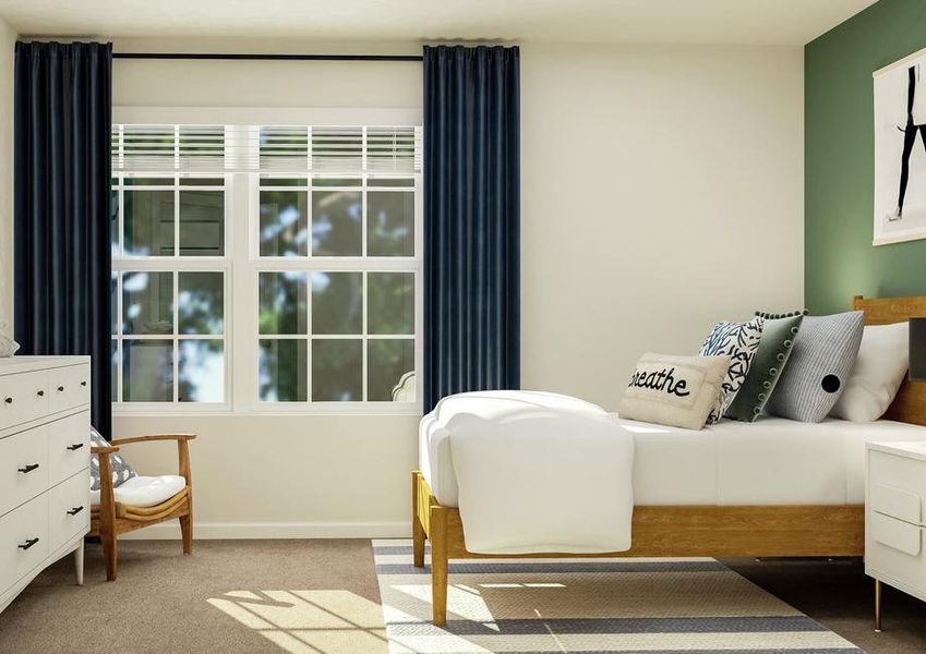 Rendering of a bedroom focused on the
  wall with a large window. The bed and nightstand are opposite the wall with
  the dresser and an armchair.