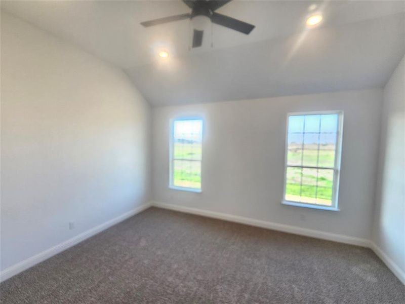 Carpeted empty room featuring a wealth of natural light, vaulted ceiling, and ceiling fan