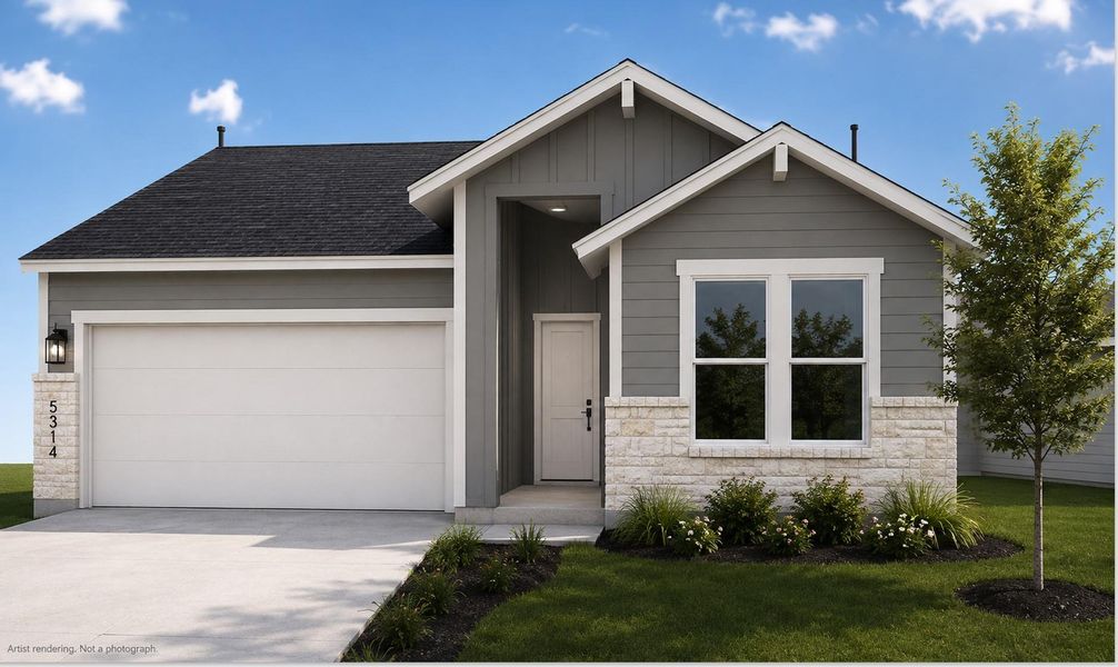 Front exterior of a new home in Wellspring, Round Rock, TX, highlighting curb appeal (Image 1). Front exterior of a new home in Wellspring, Round Rock, TX, highlighting curb appeal (Image 1).
