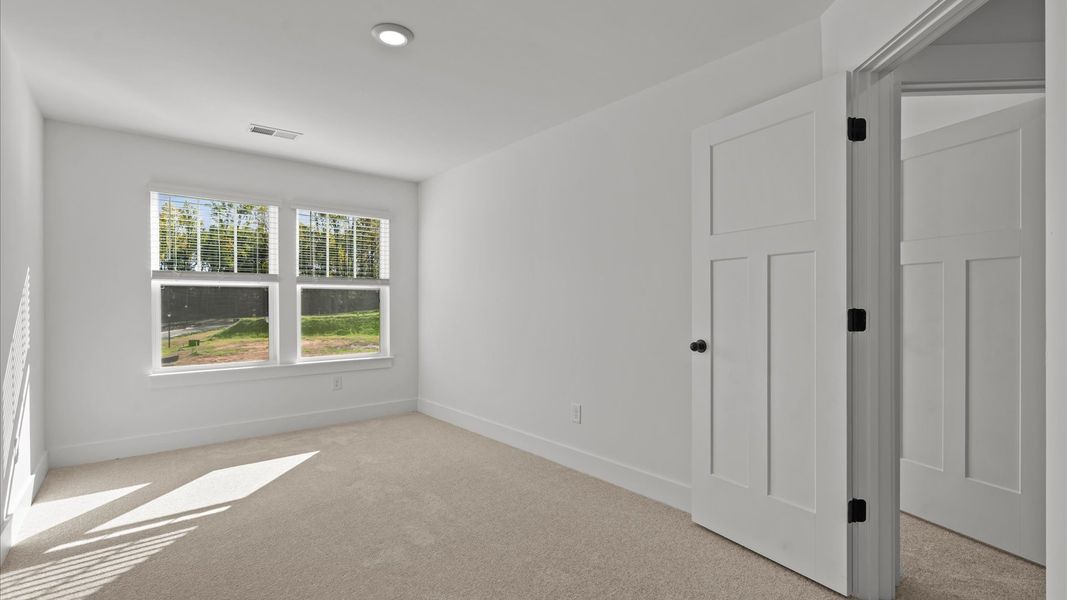 Elegant carpeted bedroom with walk-in closet and wall-to-wall windows offering natural brightness