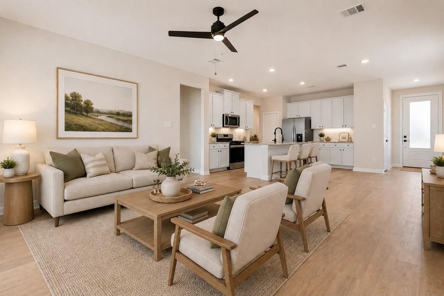 This photo of the open concept living/kitchen has been virtually staged.