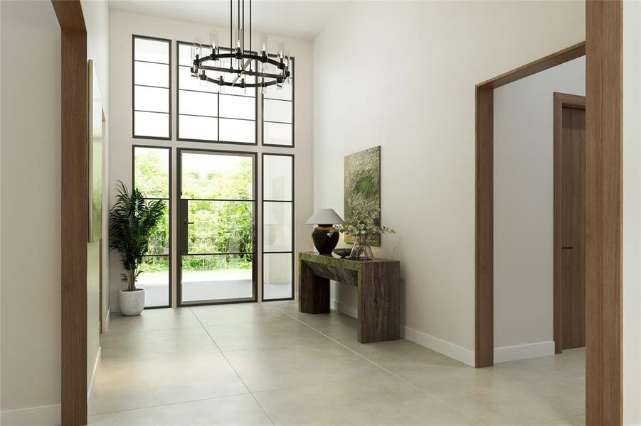 Double-height entryway featuring a black-framed window wall, expansive glass door, and a multi-tiered chandelier