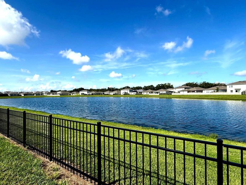 Waterfront lot featuring a black metal perimeter fence and a grass lawn bordering a body of water