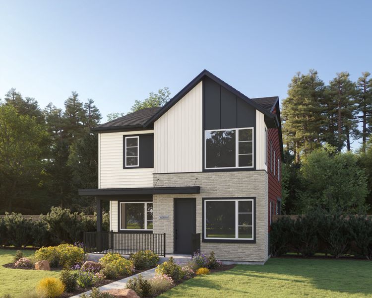 Representative exterior photo of a completed home built from the Spark Four by Brookfield Residential in Spark at Uplands, Westminster, CO (Image 6). Representative exterior photo of a completed home built from the Spark Four by Brookfield Residential in Spark at Uplands, Westminster, CO (Image 6).