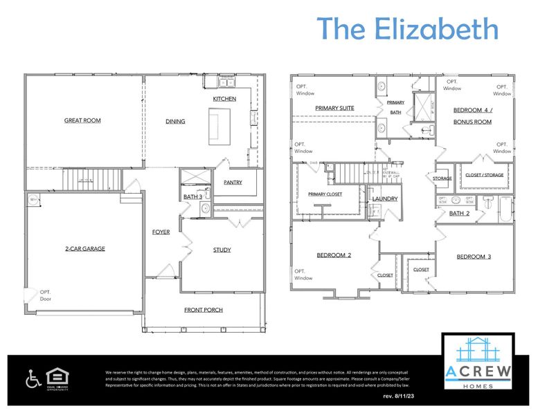 2D floor plan layout for the Elizabeth by Acrew Homes in Dixon Grove, Grimesland, NC (Image 2).