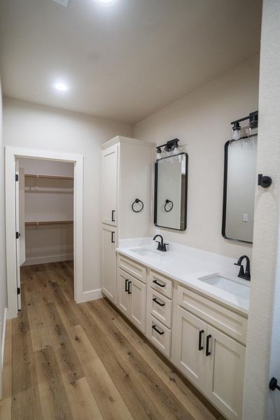 Full bathroom featuring a sink, a walk in closet, hardwood / wood-style floors, and double vanity