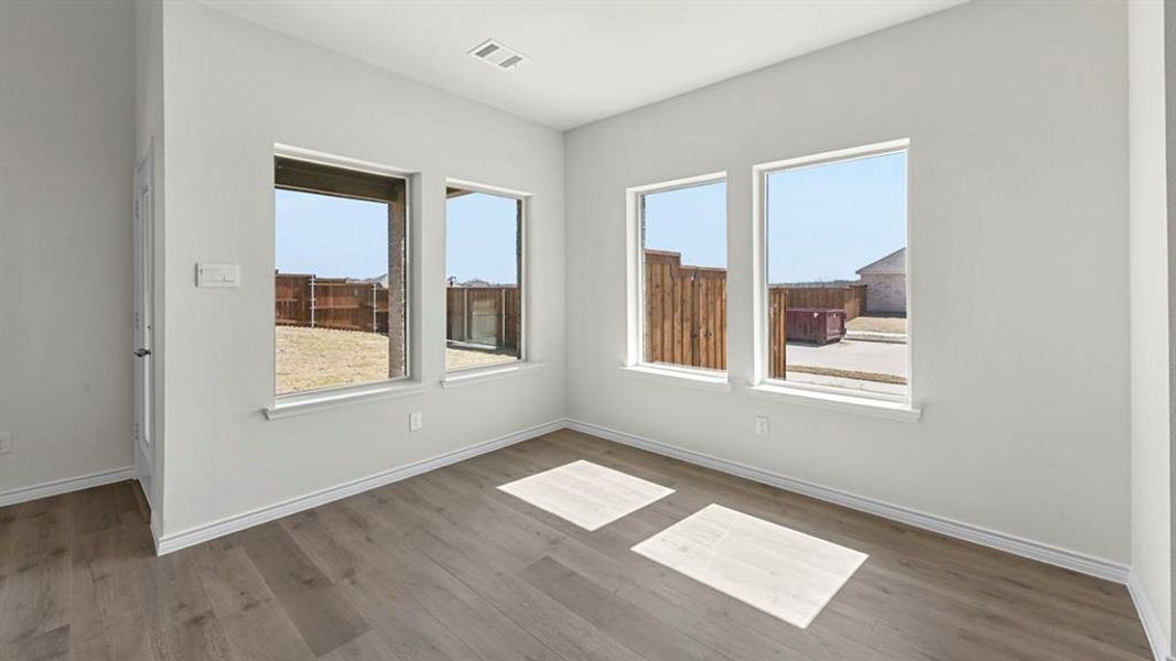 Spacious room featuring multiple large windows, wood-finish flooring, crisp white walls, and bright white baseboards