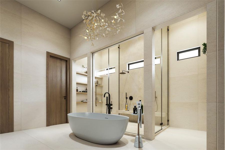 Freestanding soaking tub with a spacious glass-enclosed shower, featuring a rainfall showerhead and matte black fixtures