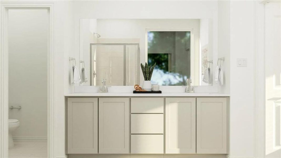 Dual sink vanity with light-toned cabinetry, white countertop, and expansive wall-mounted mirror Dual sink vanity with light-toned cabinetry, white countertop, and expansive wall-mounted mirror
