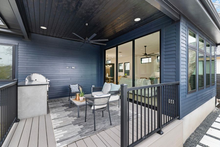 Wooden terrace with ceiling fan