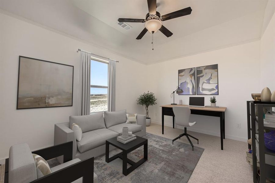 Virtually Staged Photo Carpeted office with baseboards and a ceiling fan