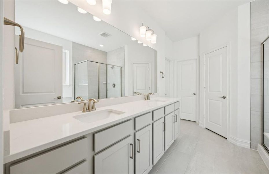 Owner's bath designed with a double vanity and oversized shower *Model representation Owner's bath designed with a double vanity and oversized shower *Model representation