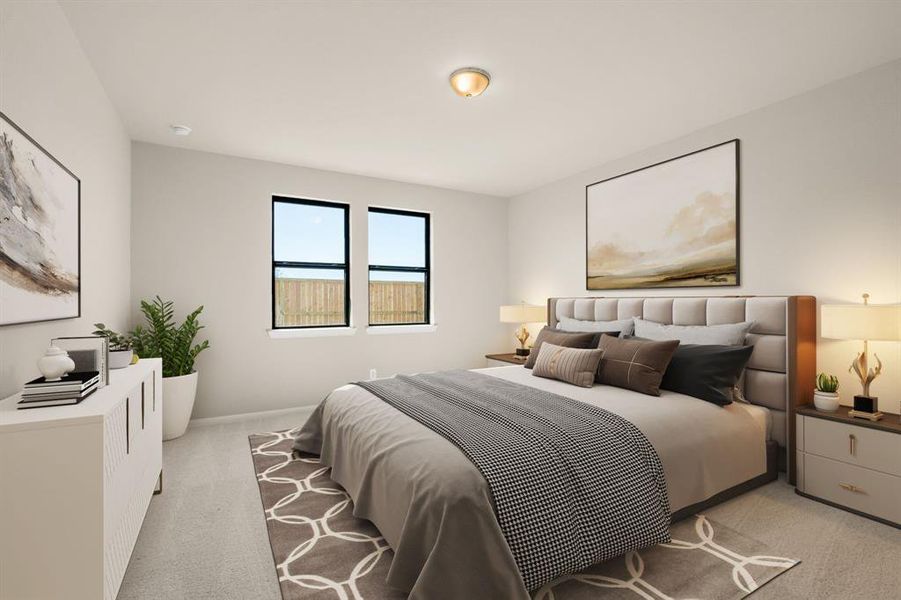 The primary bedroom is generously sized, creating a tranquil and spacious retreat that offers ample room for relaxation. Featuring plush carpet, high ceilings, fresh paint, and large windows that lets in natural lighting throughout the day.