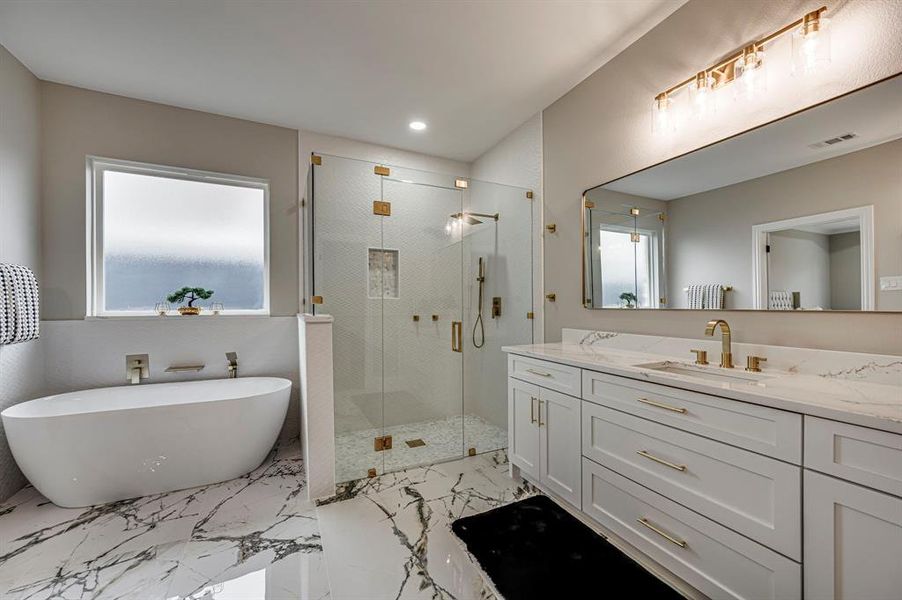 Bathroom with vanity, plus walk in shower, and a healthy amount of sunlight