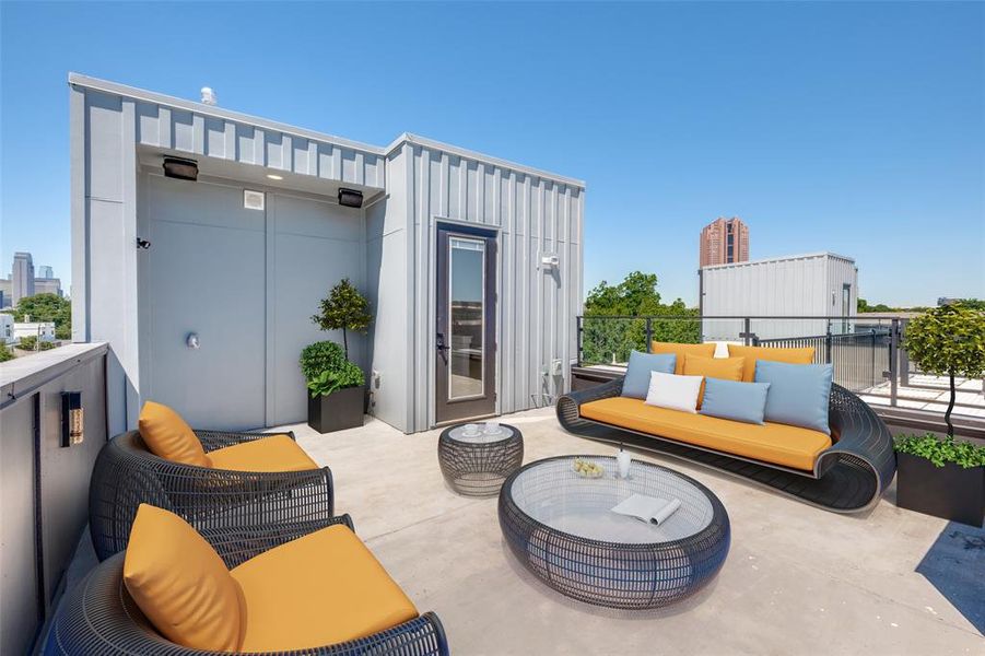 View of patio / terrace with an outdoor living space with a fire pit