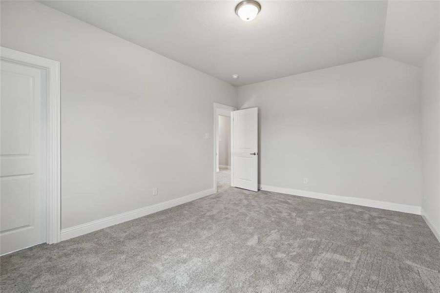 Empty room featuring carpet flooring, baseboards, and lofted ceiling
