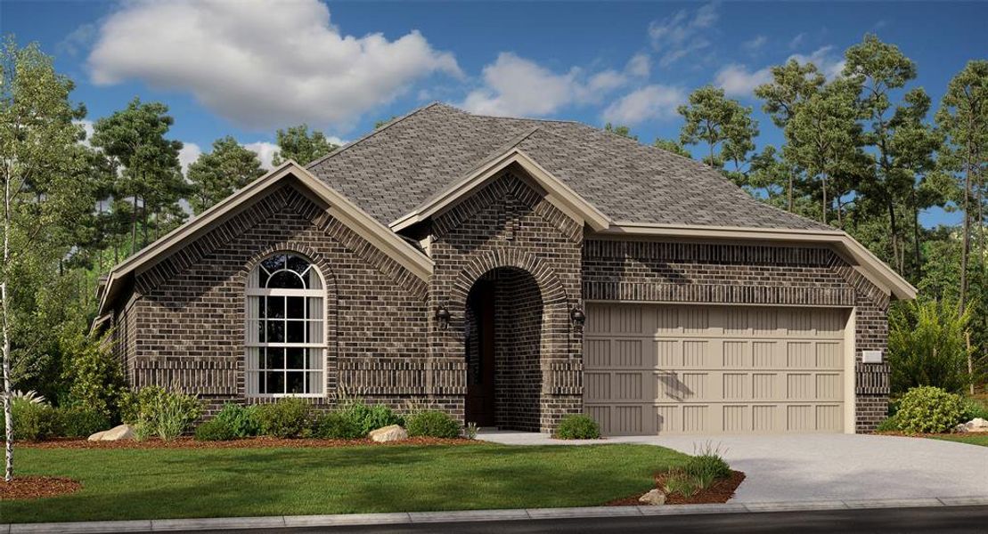 View of front of house with a garage and a front lawn