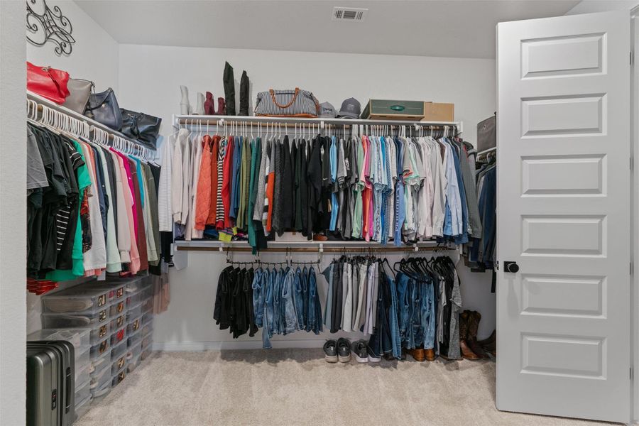 Walk in closet featuring light carpet