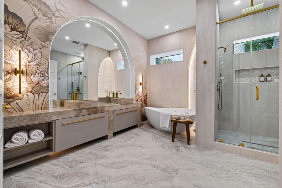 Spa-inspired primary bath pairs refined finishes with an elegant, thoughtfully designed vanity.