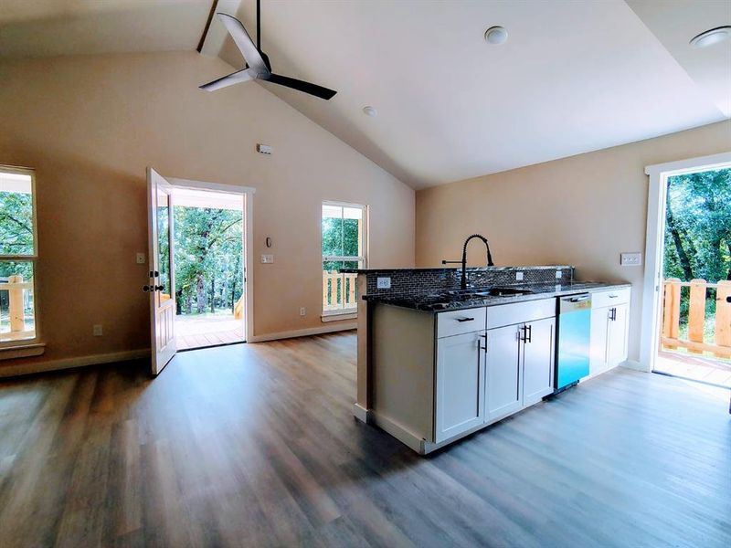 Kitchen featuring dishwasher, dark stone counters, wood finished floors, ceiling fan, and high vaulted ceiling