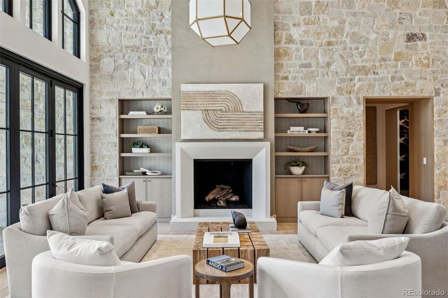 Living room with Limestone fireplace