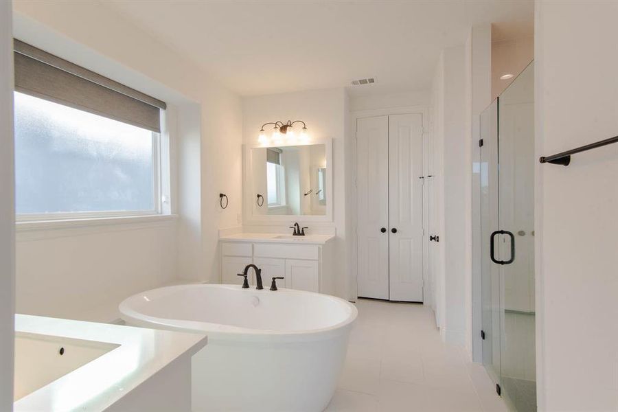 Bathroom featuring vanity and independent shower and bath