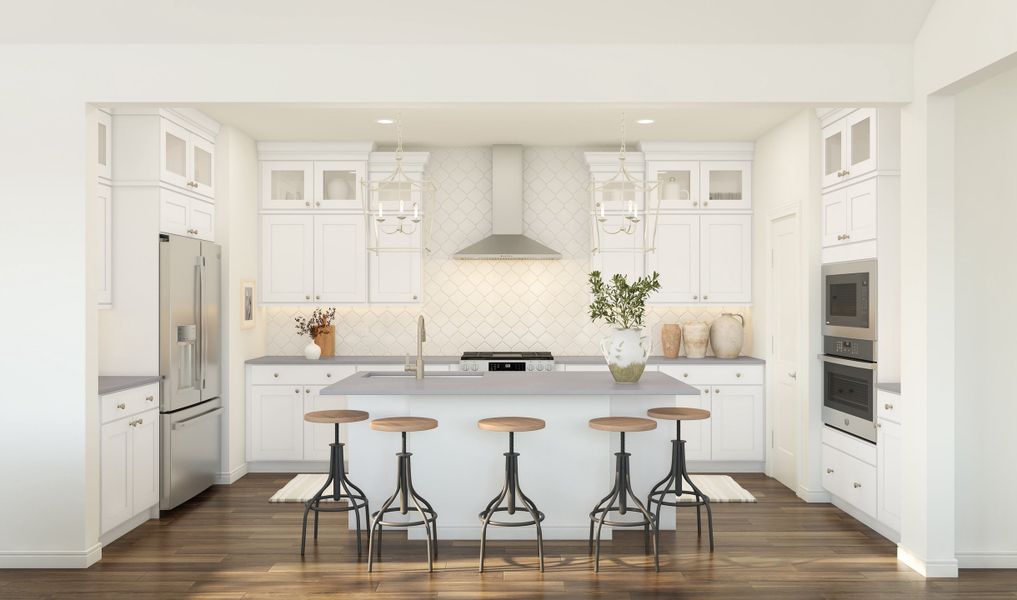 Kitchen with glass upper cabinets and pendant lighting