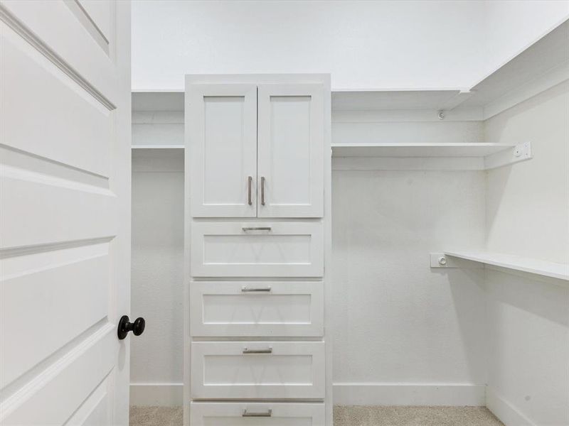 Walk in closet featuring light carpet Walk in closet featuring light carpet