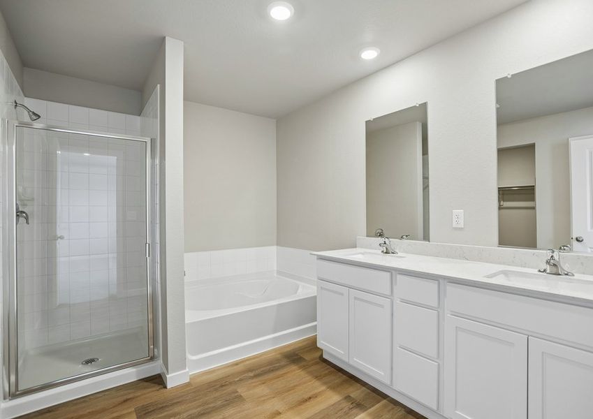 The master bathroom has a dual sink vanity and a step in shower and soaking tub.