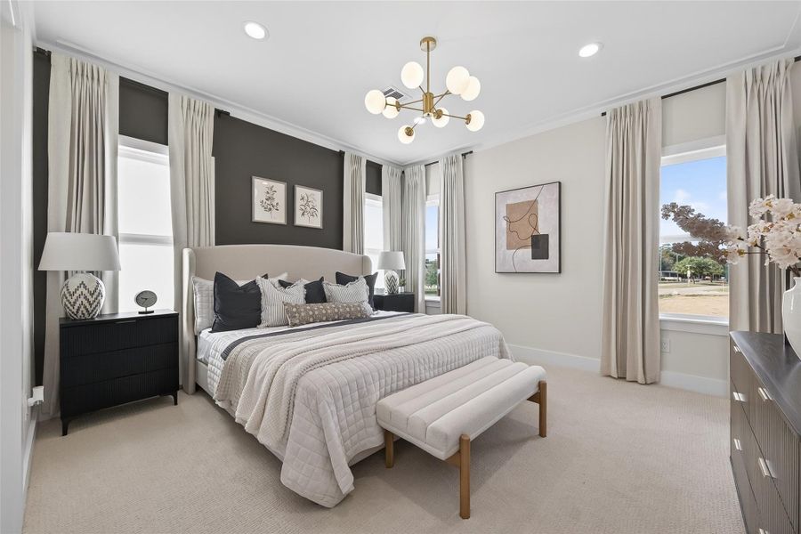 this is a rendering/example of the primary bedroom from our model home