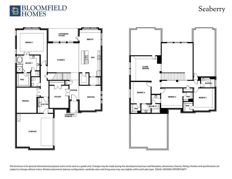 Bloomfield Homes Seaberry two-story floor plan with four bedrooms, game room, study, and garage on both levels. Bloomfield Homes Seaberry two-story floor plan with four bedrooms, game room, study, and garage on both levels.