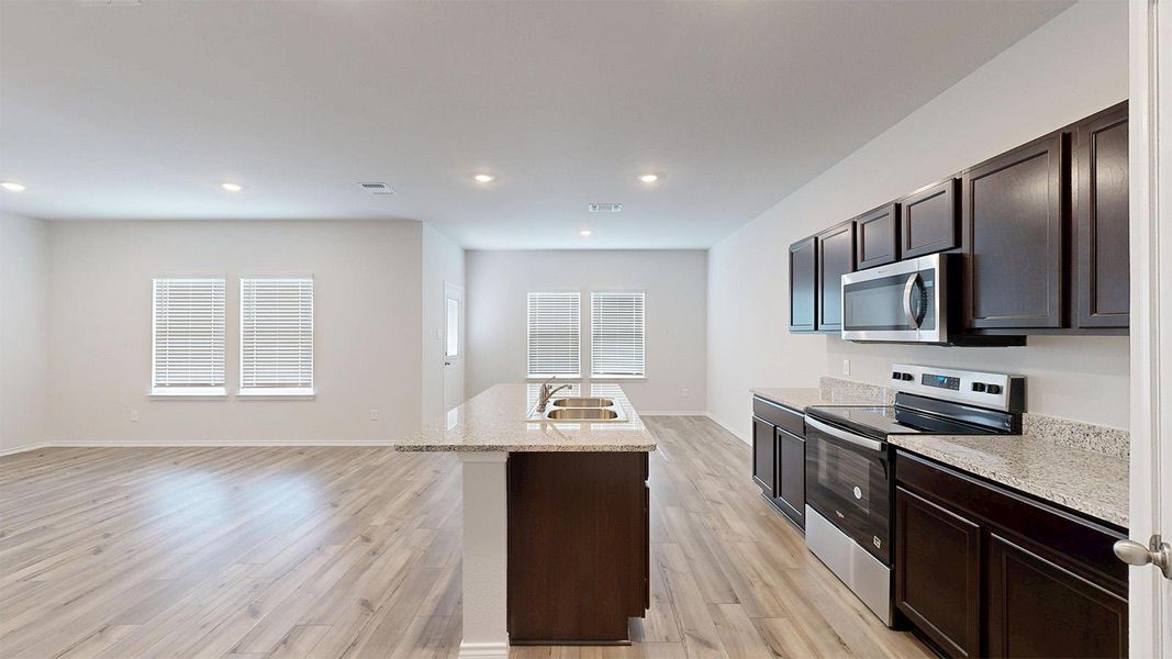 Kitchen with stainless steel appliances, dark wood finish cabinets, light wood-style floors, a center island with sink, and recessed lighting