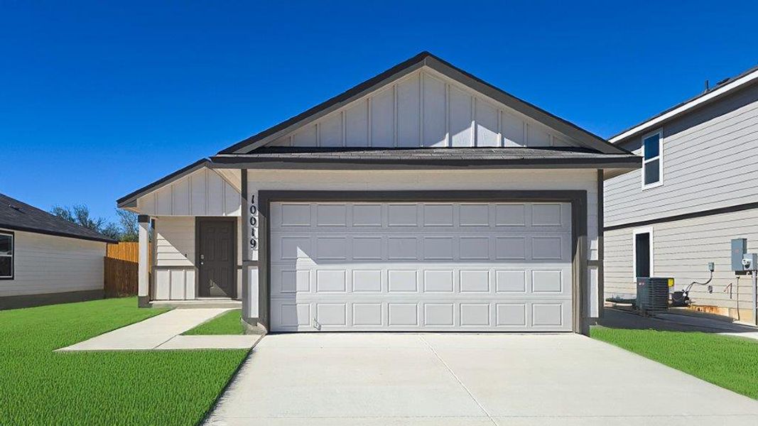 Front exterior of a new home in Lucero, San Antonio, TX, highlighting curb appeal (Image 1).