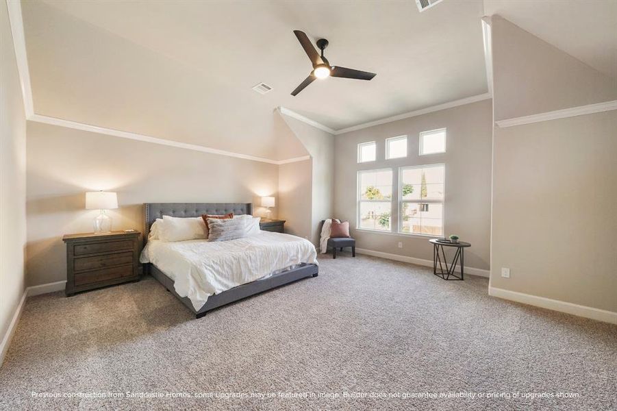 Primary Retreat: A spaciously lit sanctuary, complete with a ceiling fan for personalized comfort and views that take in canopy views of 100+ year-old oaks lining the street.