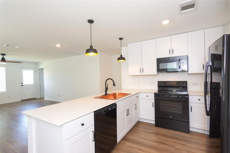 Modern kitchen featuring white shaker cabinetry, black appliances, a copper sink, and wood-finish flooring