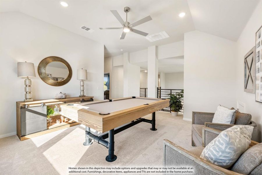 Game room with wood pool table, ceiling fan, seating area, and bar console on carpet flooring