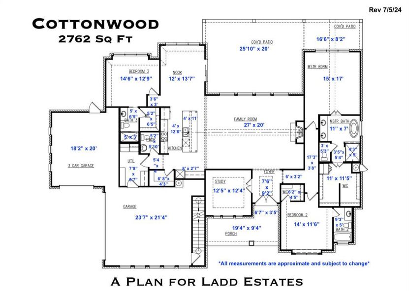 3 bedrooms 3.5 baths. The study could be a 4th bedroom. The garage is a 3.5 car garage. One of our favorite things about this floorplan is the full walk up stairs to the attic. See the feature sheet for all of the great amenities.