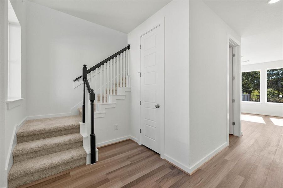 Stairway featuring wood finished floors Stairway featuring wood finished floors