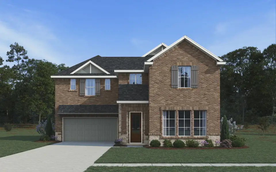 Representative exterior photo of a completed home built from the Virginia by Chesmar Homes in The Courtyards at Trinity Falls, McKinney, TX (Image 2). Representative exterior photo of a completed home built from the Virginia by Chesmar Homes in The Courtyards at Trinity Falls, McKinney, TX (Image 2).