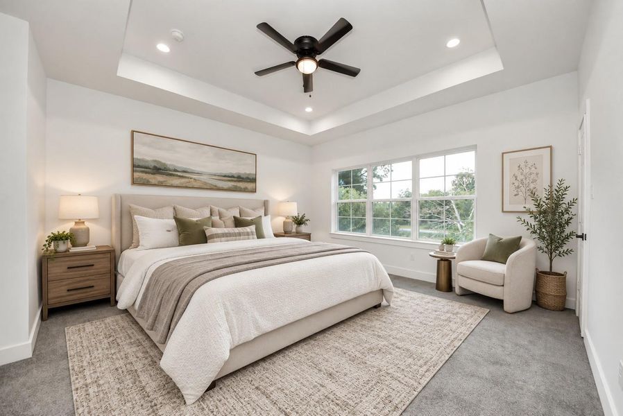 Virtually staged primary bedroom. Virtually staged primary bedroom.
